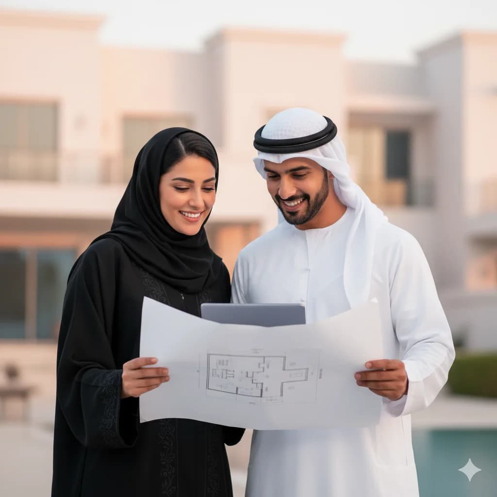 Emirati family reviewing mortgage options with Dubai villa background